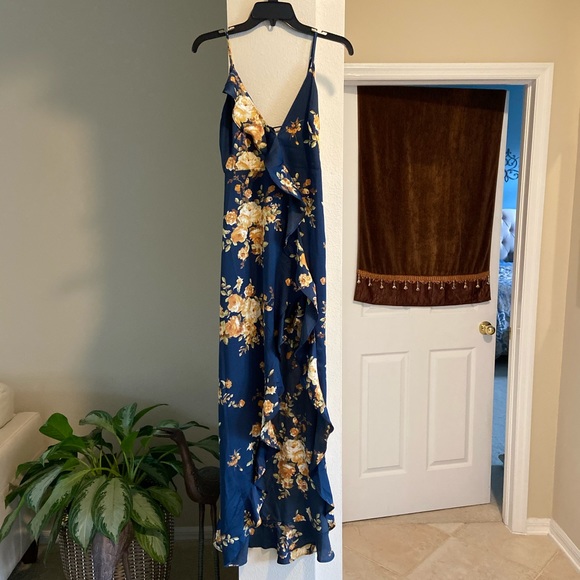 Vici Dresses & Skirts - VICI Dark Blue Floral Satin Dress with large Slit